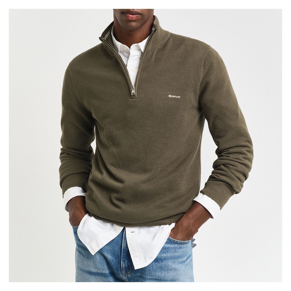 Dark Green Cotton Pique Half Zip Jumper main product photo
