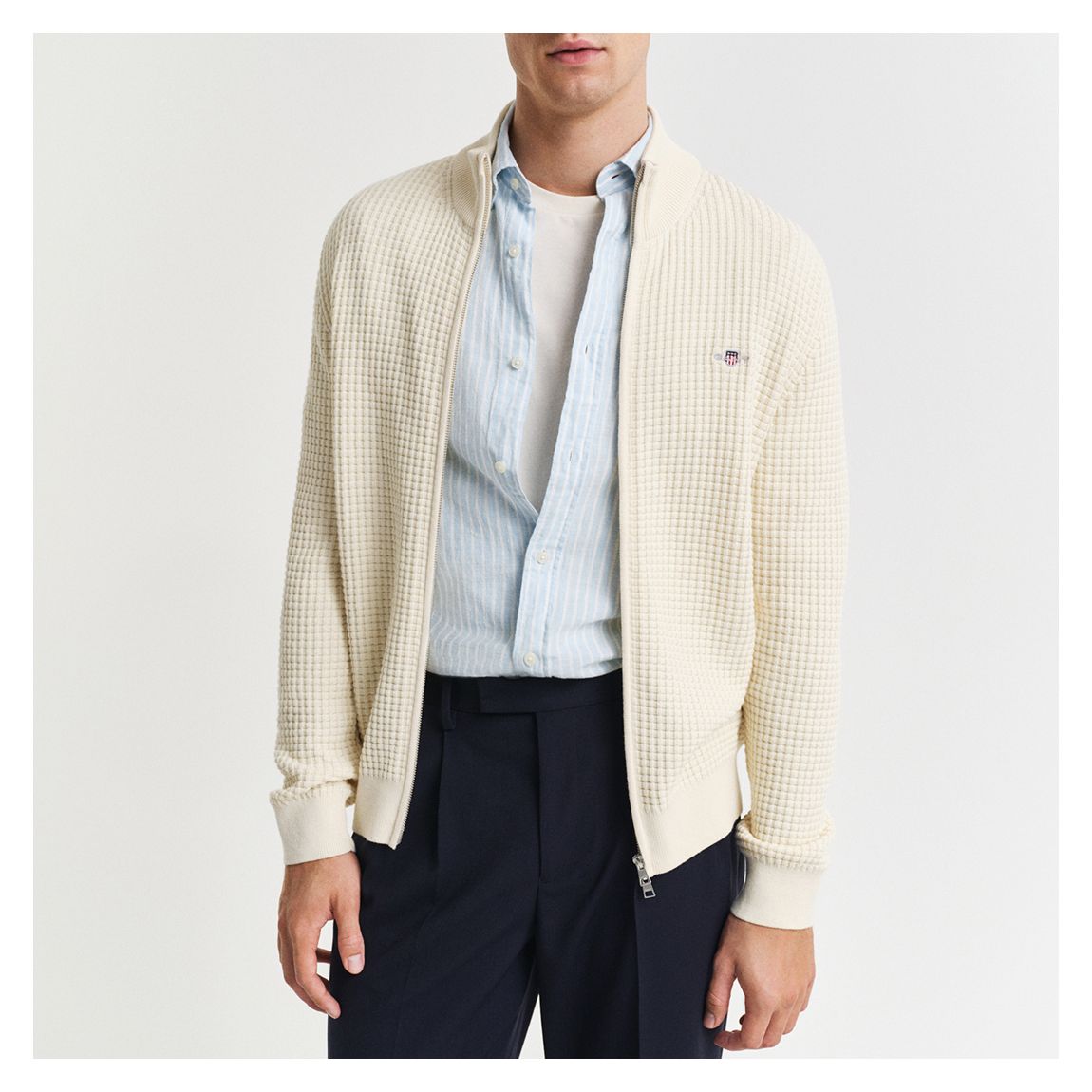 Ecru Zipped Waffle Texture Zip Cardigan main product photo