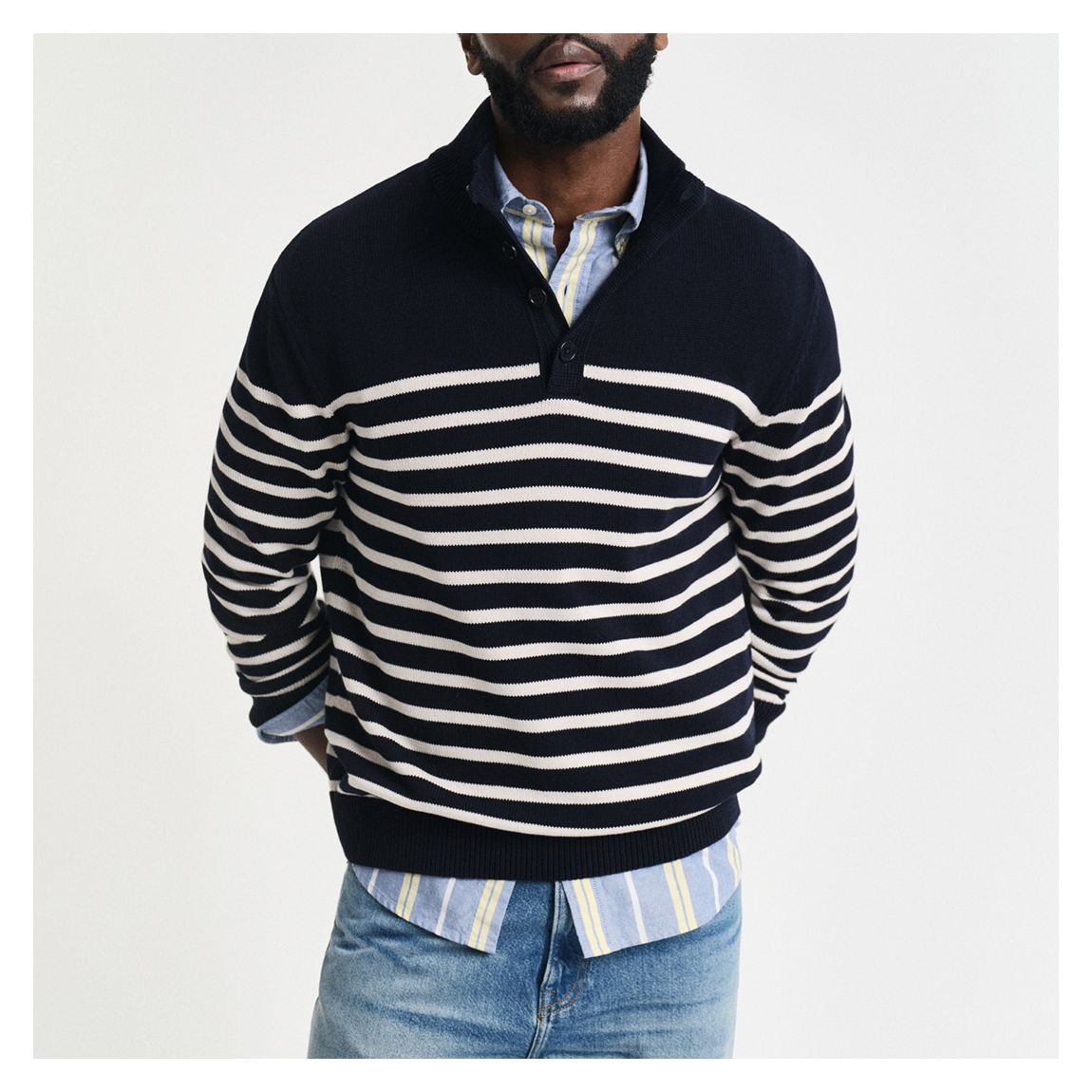 Navy Striped Cotton Half Buttoned Jumper main product photo