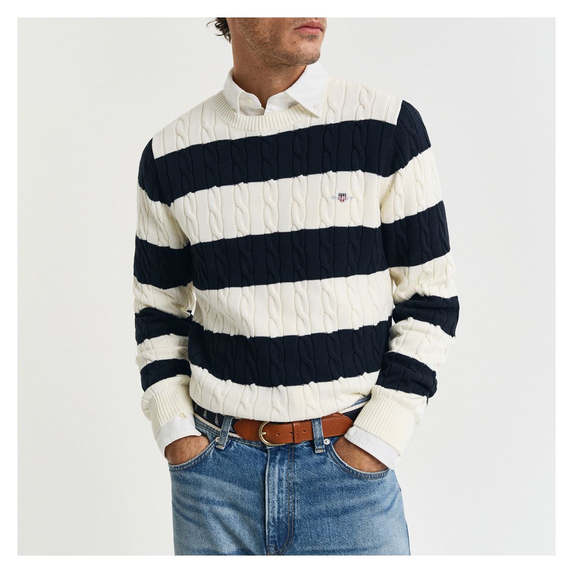 Navy Striped Cableknit Cotton Jumper main product photo