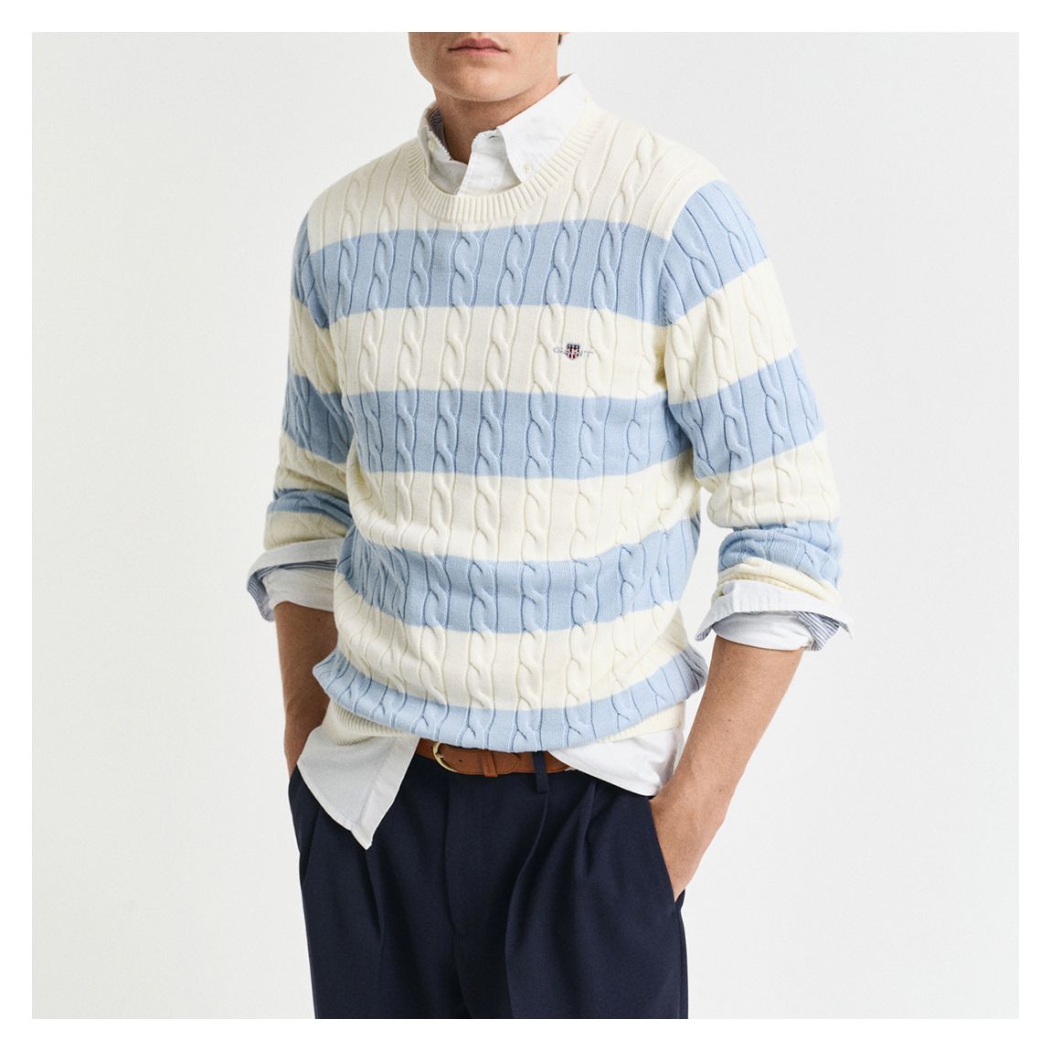 Light Blue Striped Cableknit Cotton Jumper main product photo