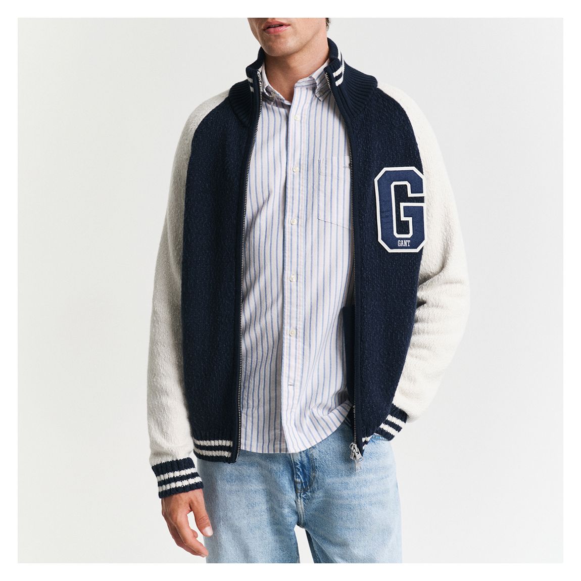 Navy Wool Blend Varsity Zip Cardigan main product photo
