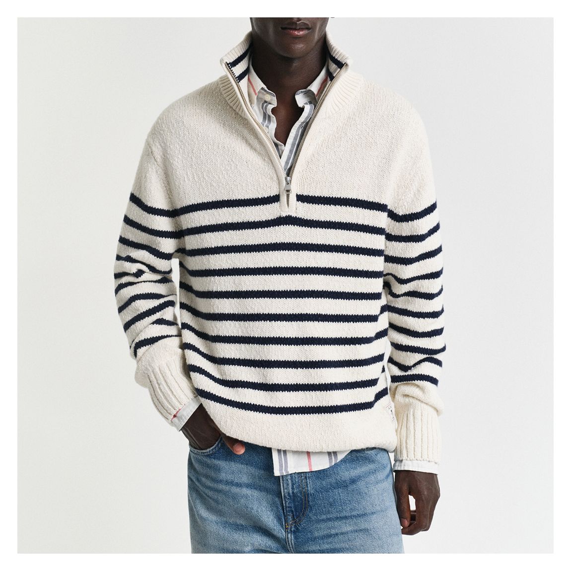 Cream Striped Wool Blend Half Zip Jumper main product photo
