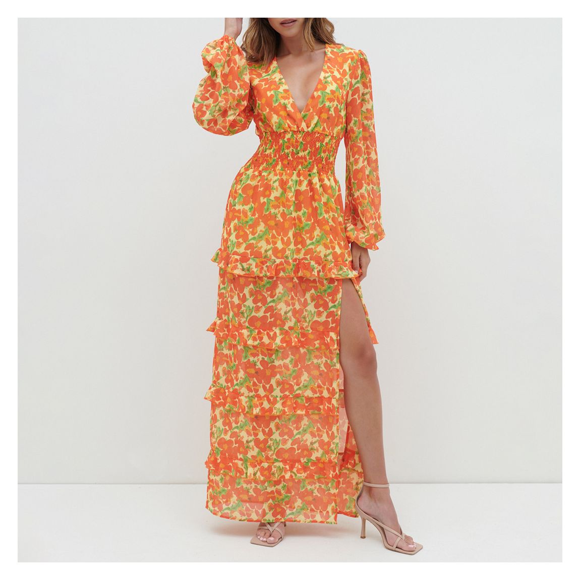 Orange/Yellow Rochelle Shirred Waist Maxi Dress main product photo