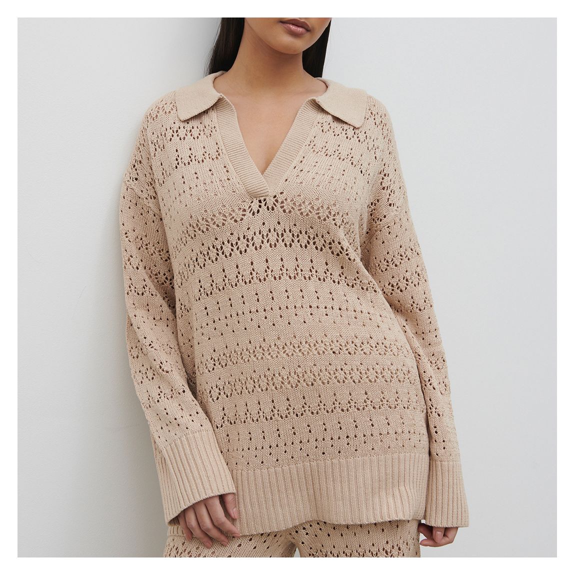 Oatmeal Eda Crotchet Knit V Neck Jumper main product photo