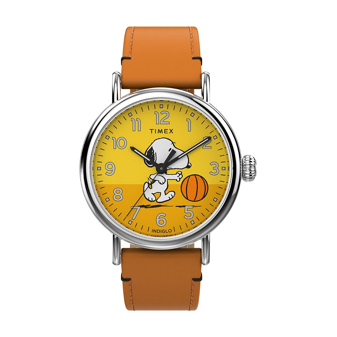 Men's Standard 40Mm Peanuts Basketball Yellow Dial Silver-Tone Case Brown Leather Strap main product photo
