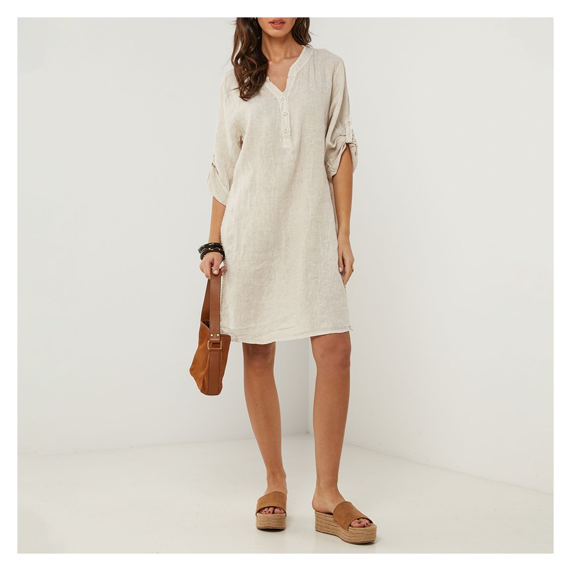 Ecru Notch Button Down Linen Dress main product photo