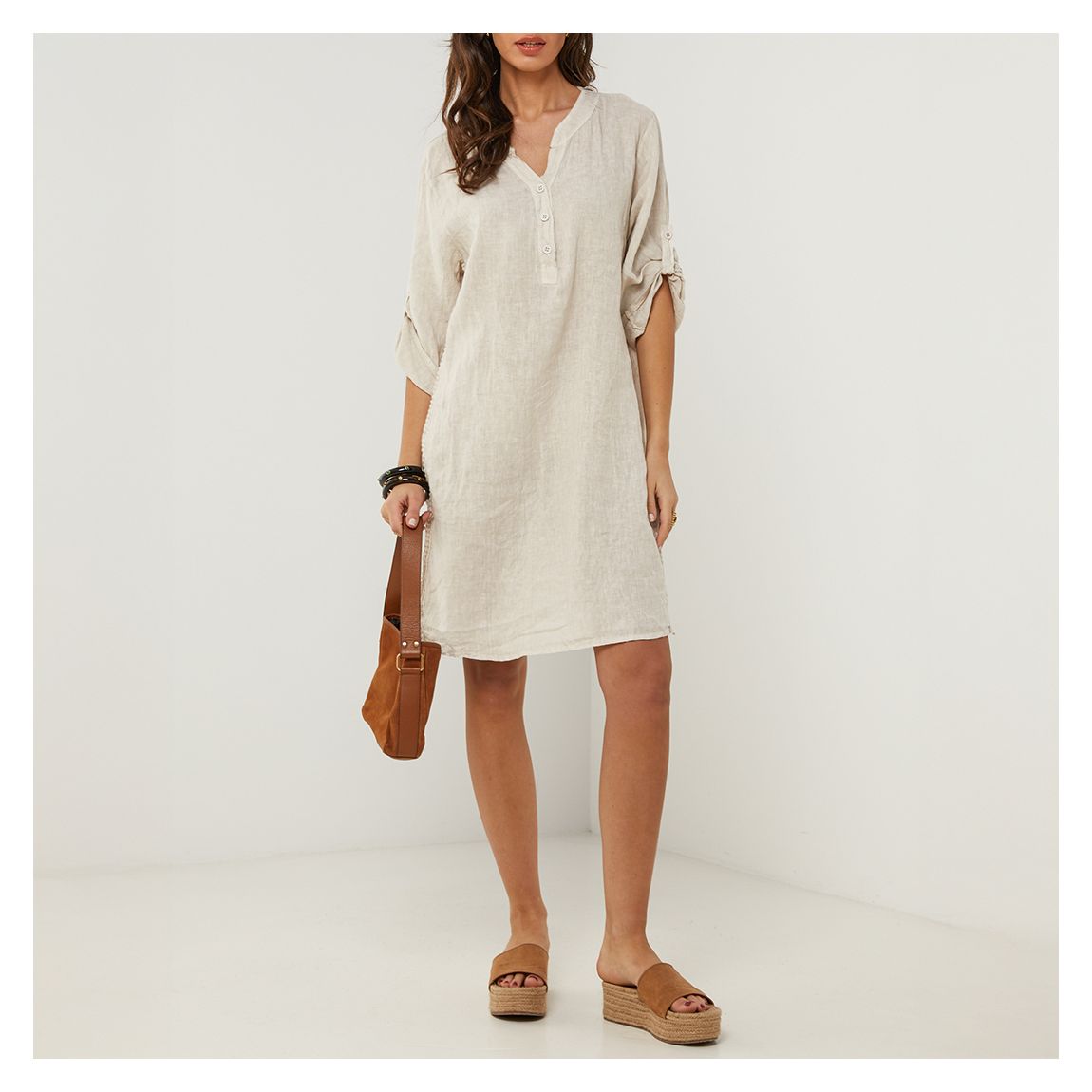 Ecru Notch Button Down Linen Dress main product photo