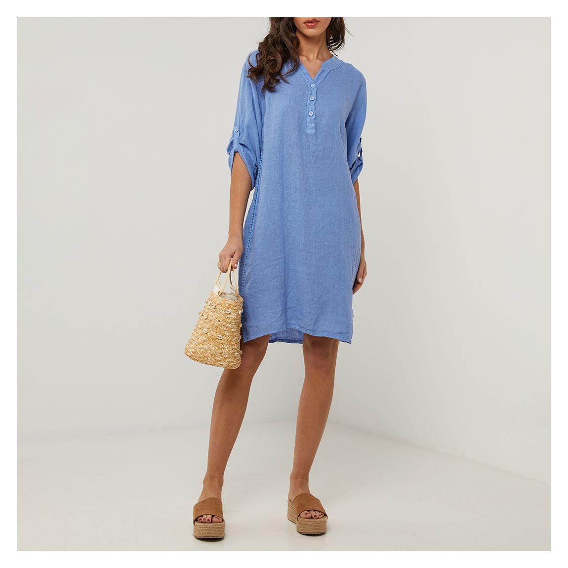 Cornflower Notch Button Down Linen Dress main product photo