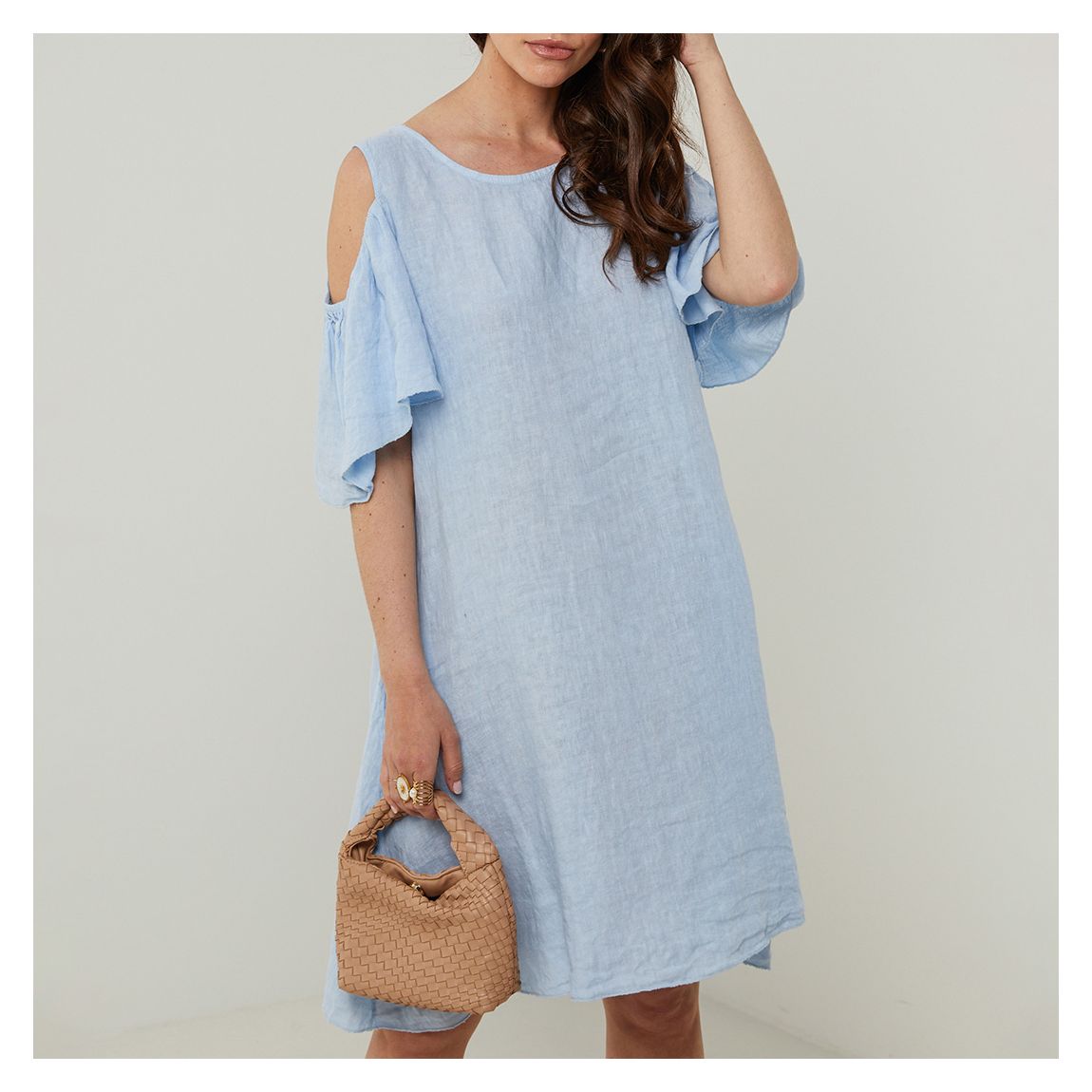 Powder Blue Cutout Flutter Linen Mini Dress main product photo