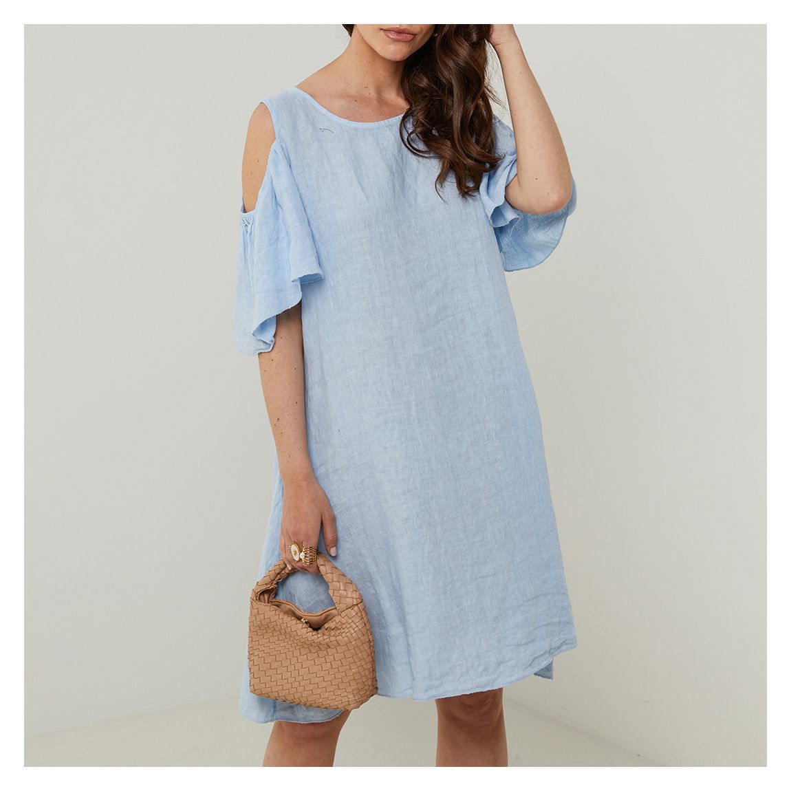 Powder Blue Cutout Flutter Linen Mini Dress main product photo