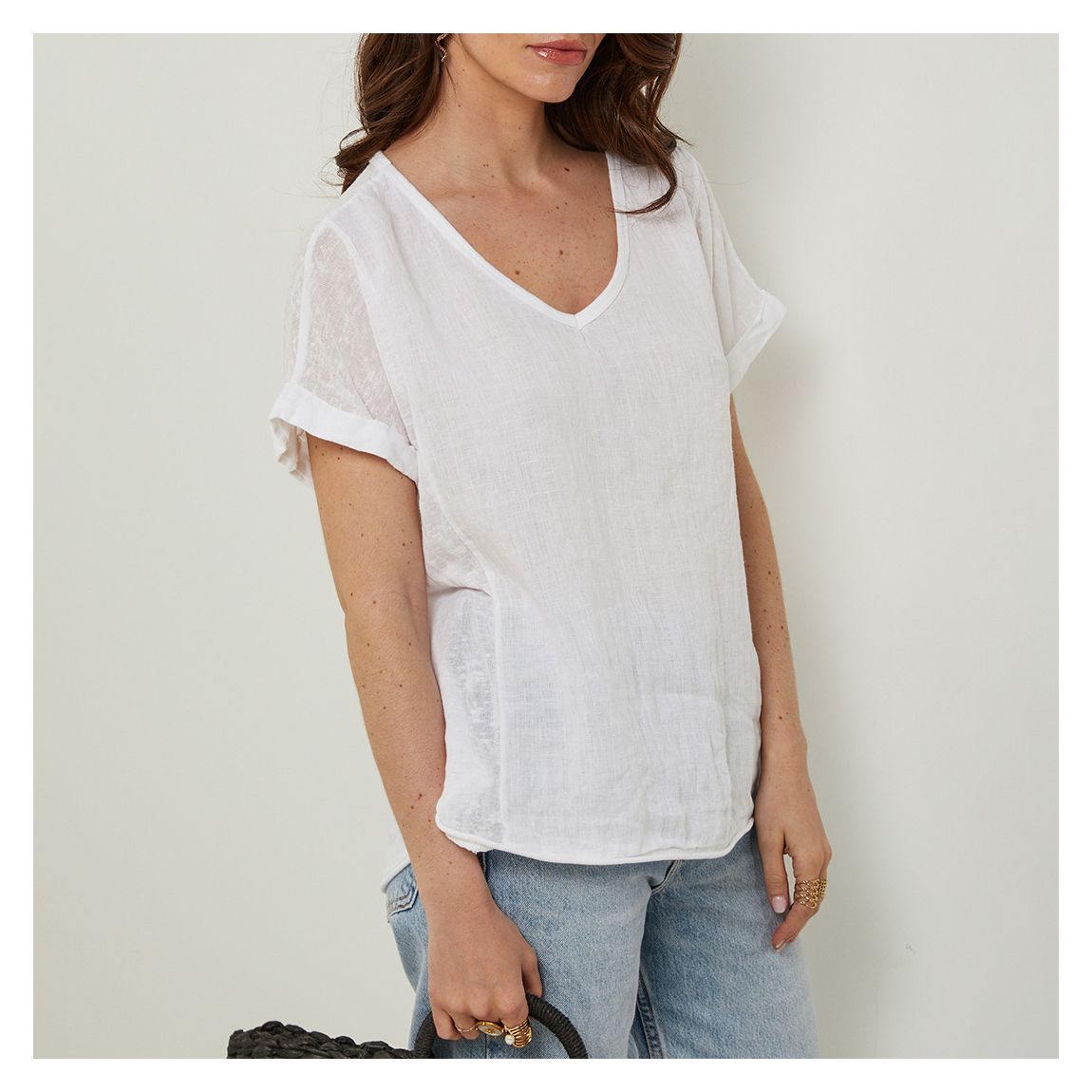 White V-Neck Linen Tee main product photo