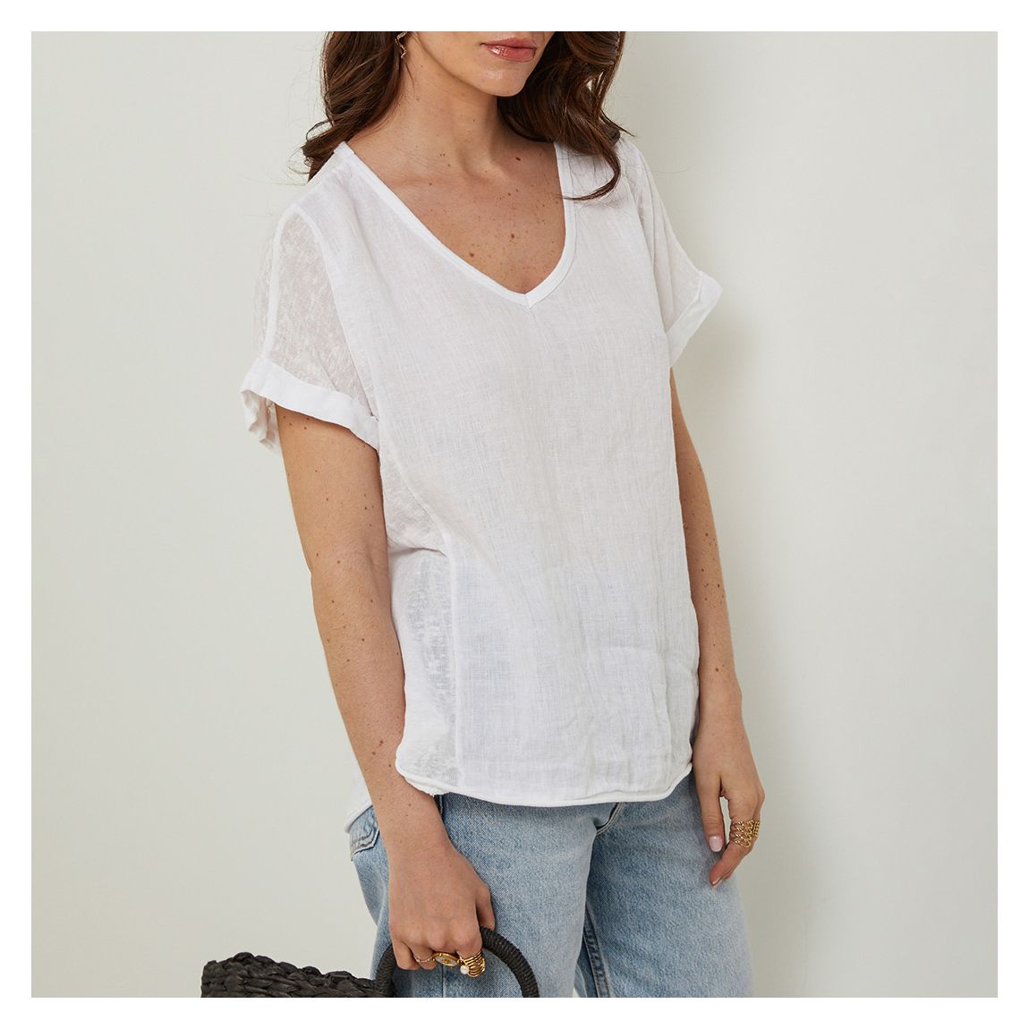 White V-Neck Linen Tee main product photo