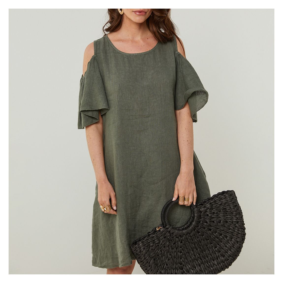 Khaki Cutout Flutter Linen Mini Dress main product photo