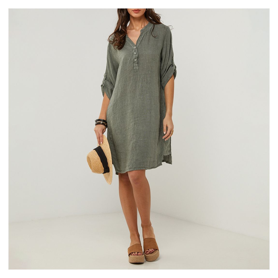 Khaki Notch Button Down Linen Dress main product photo