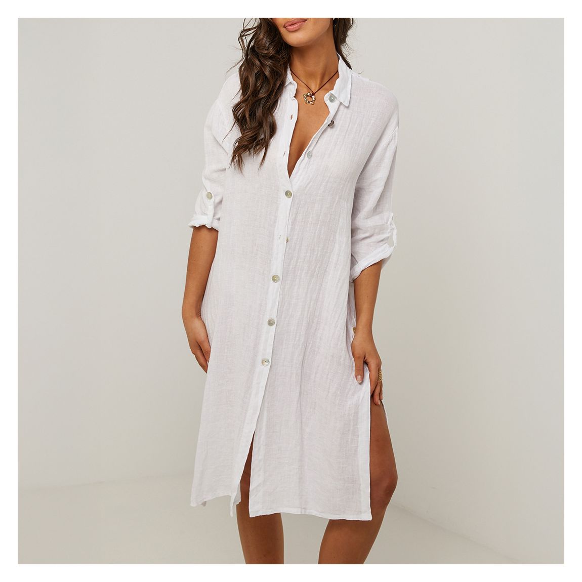 White Embroidered Linen Shirt Dress main product photo
