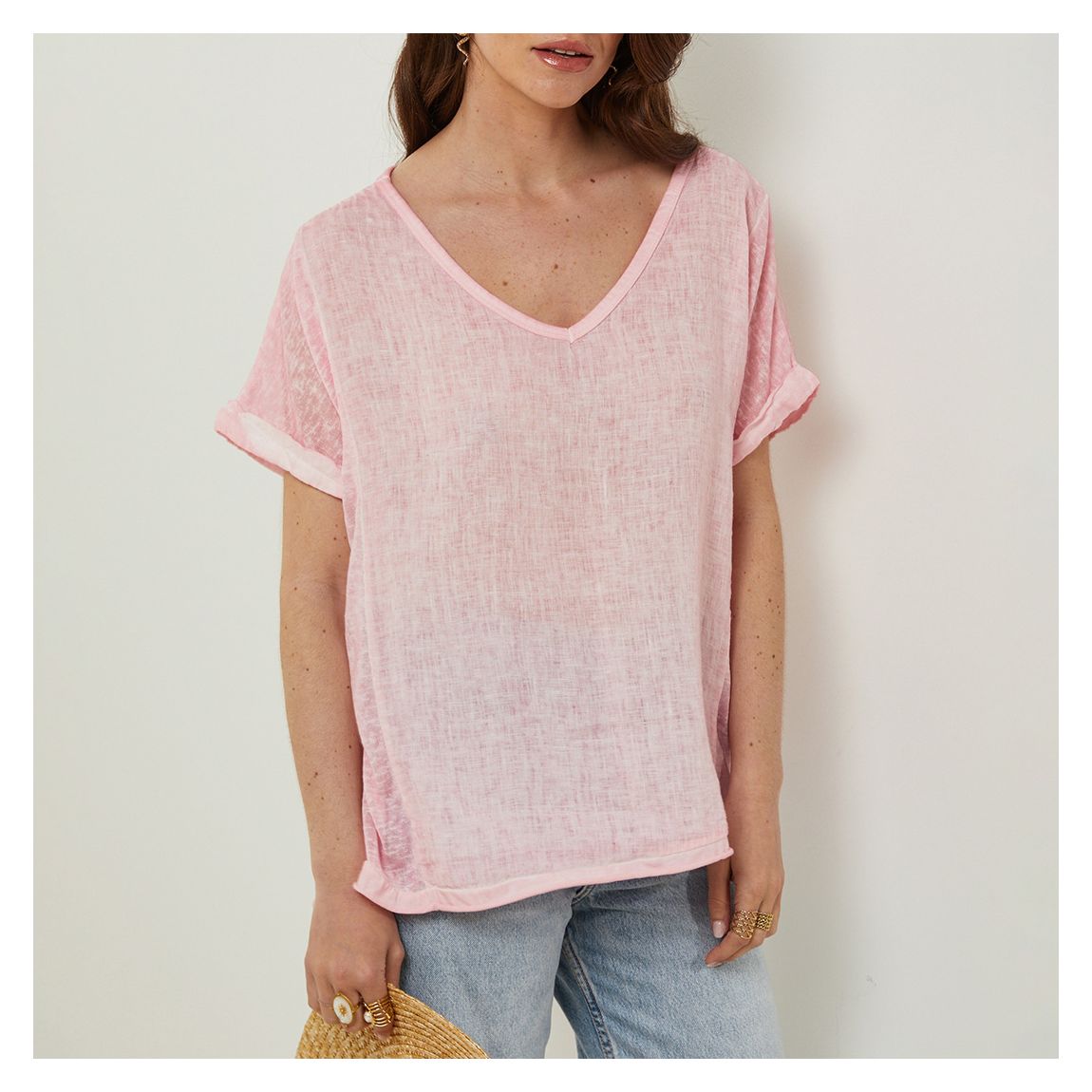 Flamingo Pink V-Neck Linen Tee main product photo