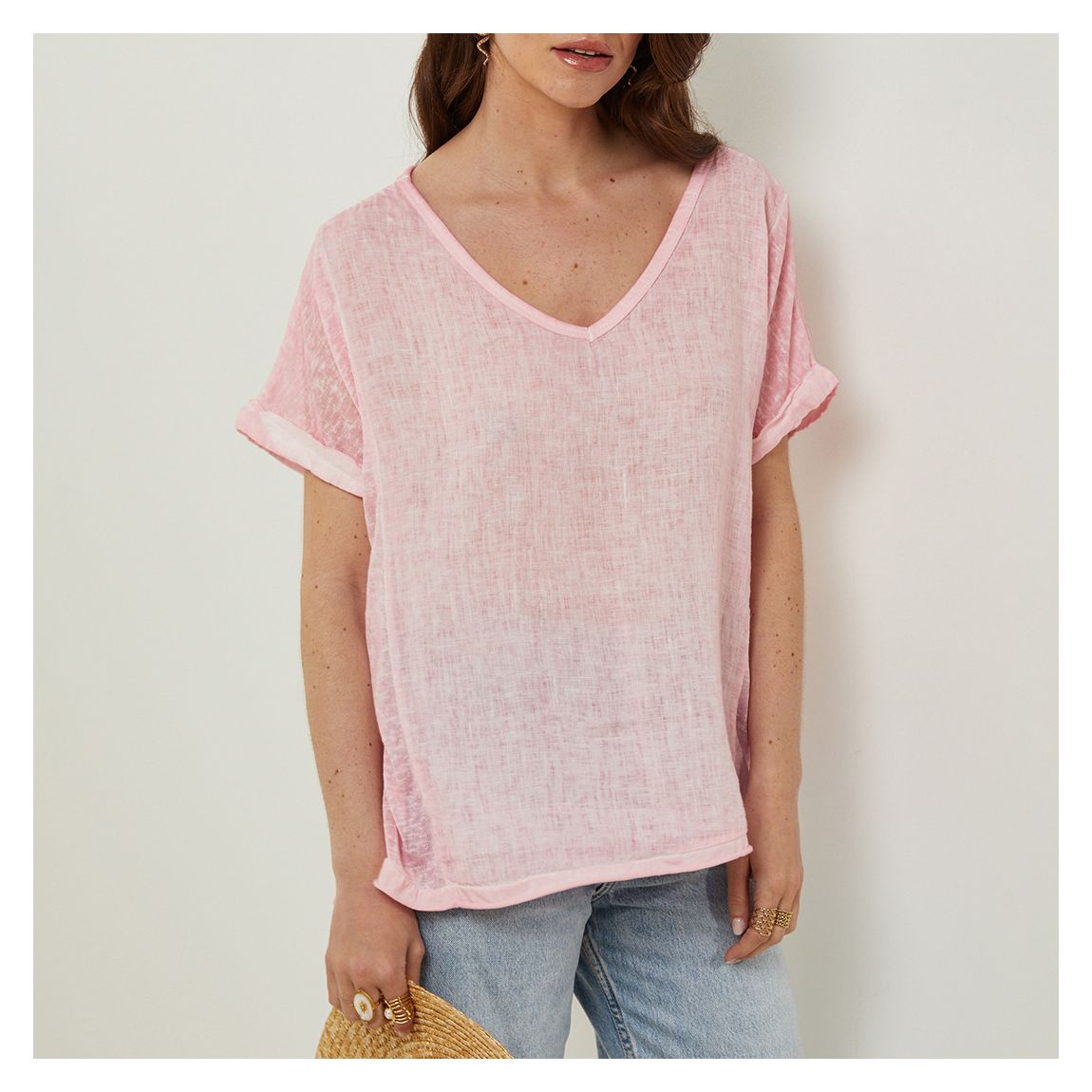 Flamingo Pink V-Neck Linen Tee main product photo