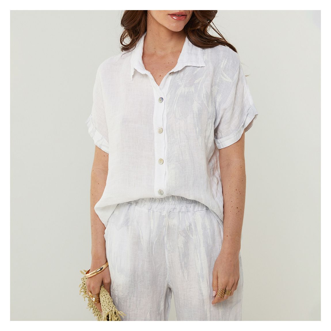 White Printed Relaxed Linen Shirt main product photo