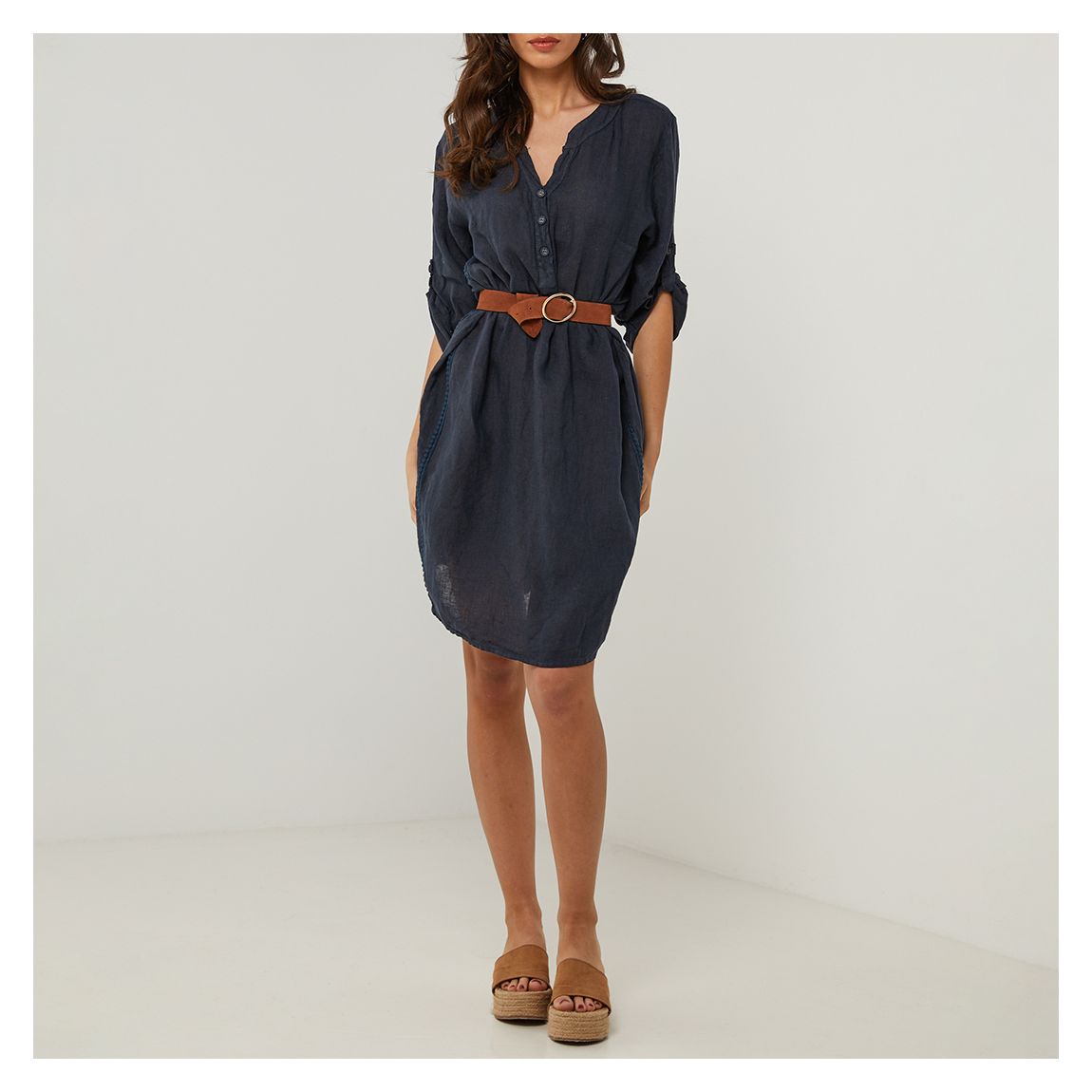 Navy Notch Button Down Linen Dress main product photo
