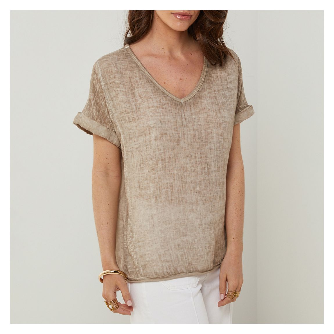 Taupe V-Neck Linen Tee main product photo