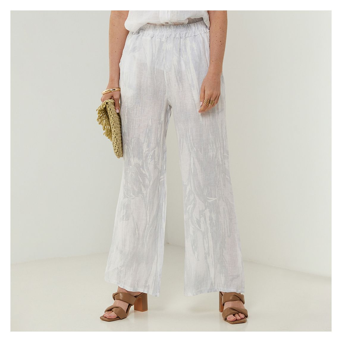 White Printed Relaxed Linen Trousers main product photo