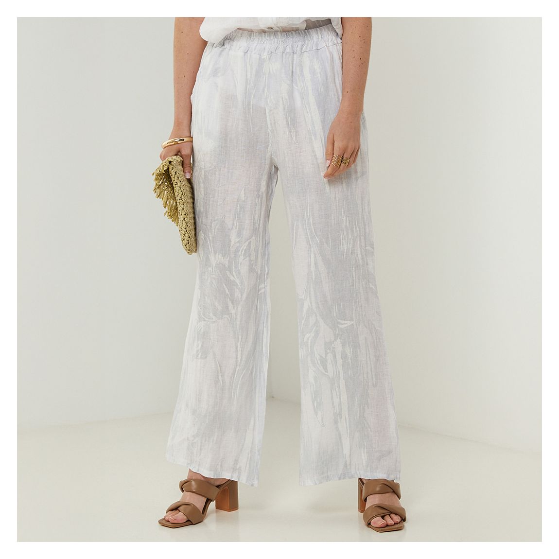 White Printed Relaxed Linen Trousers main product photo