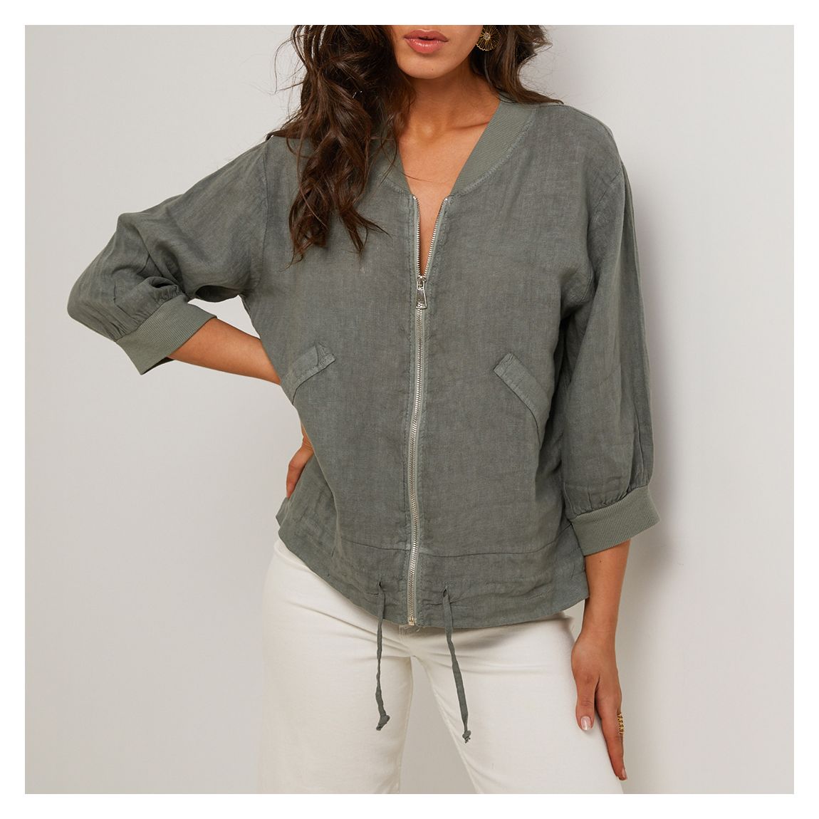 Dark Khaki Linen Bomber Blouse main product photo
