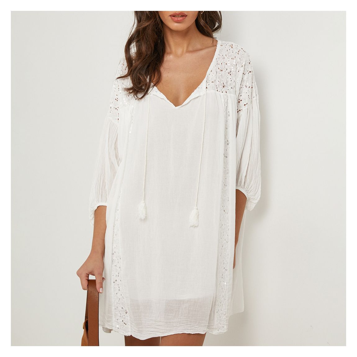 White Open Weave Linen Swing Dress main product photo