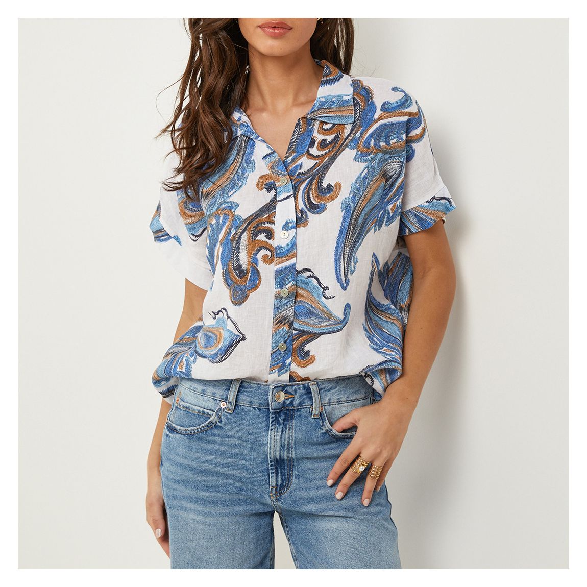 White Printed Linen Relaxed Shirt main product photo