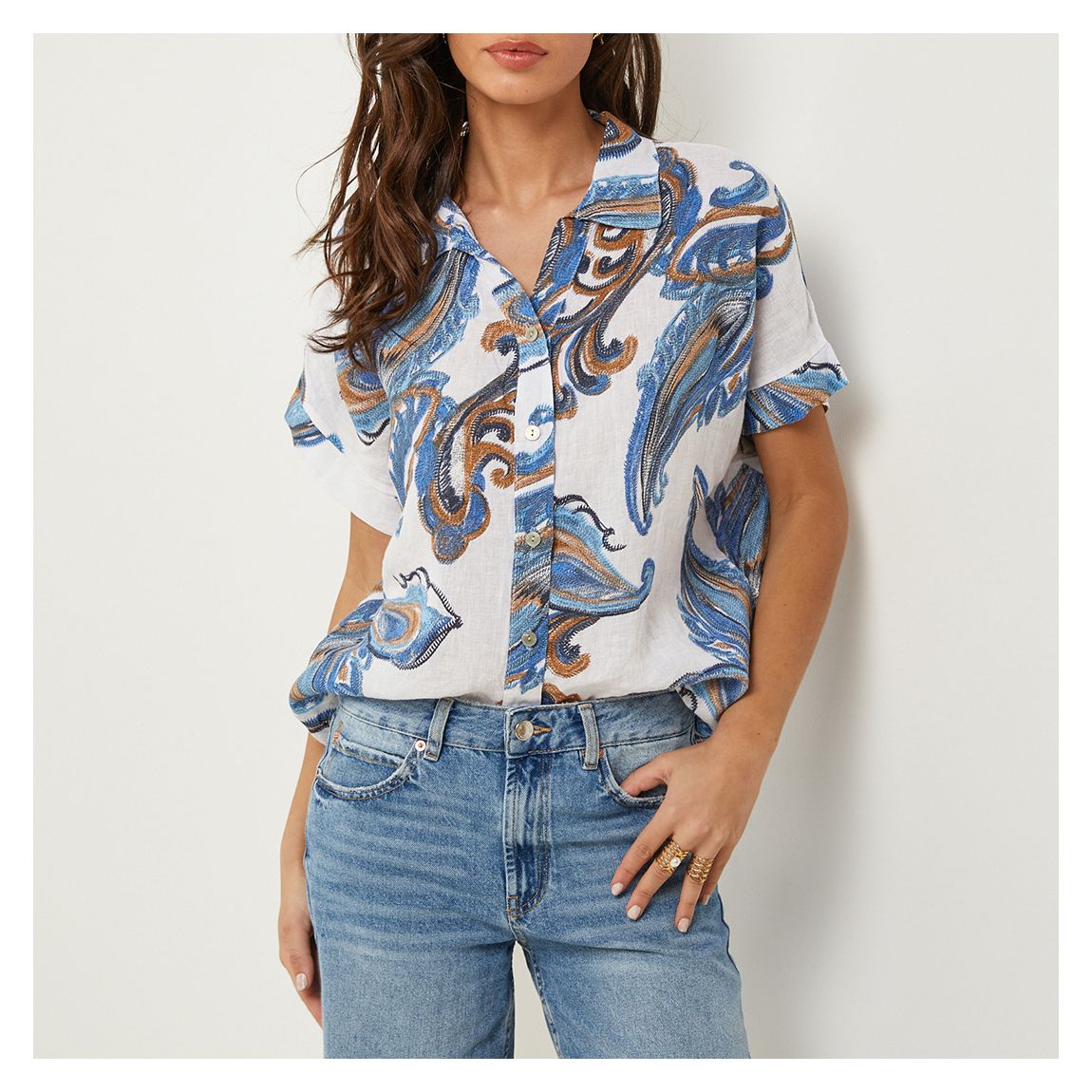 White Printed Linen Relaxed Shirt main product photo