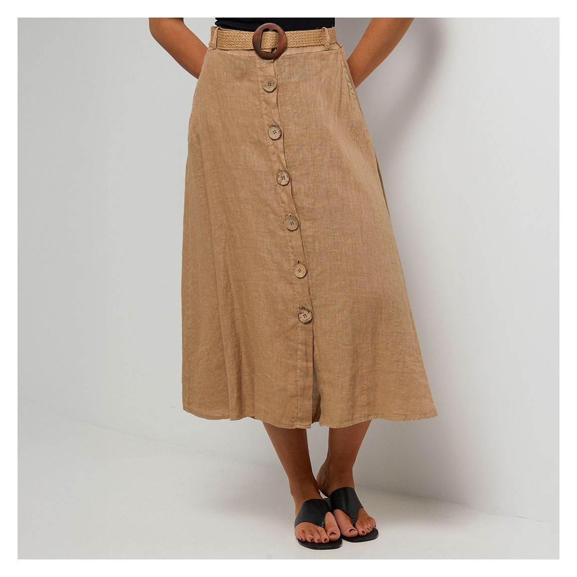 Camel Button Through Linen Midi Skirt main product photo