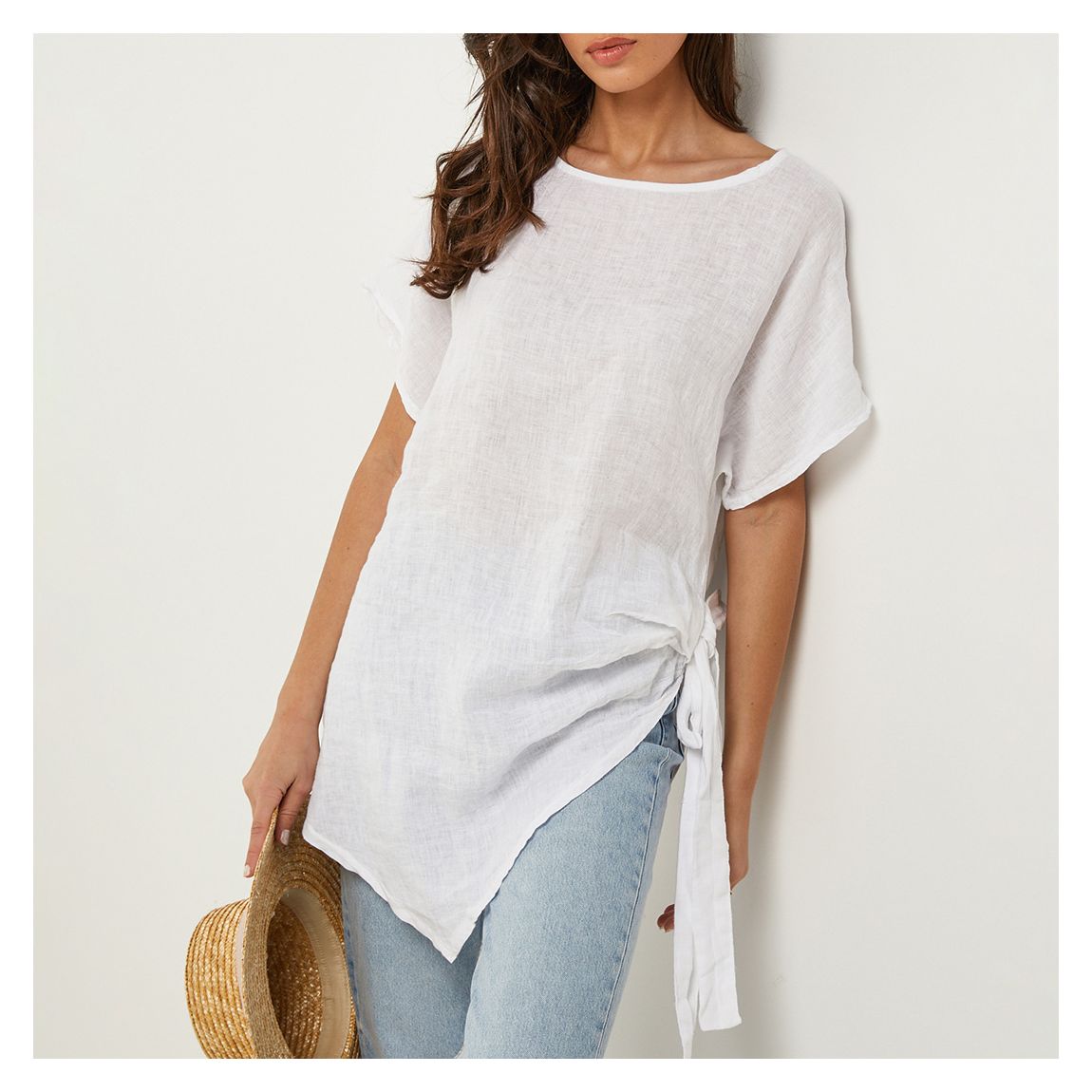 White Gathered Tie Linen Tunic main product photo
