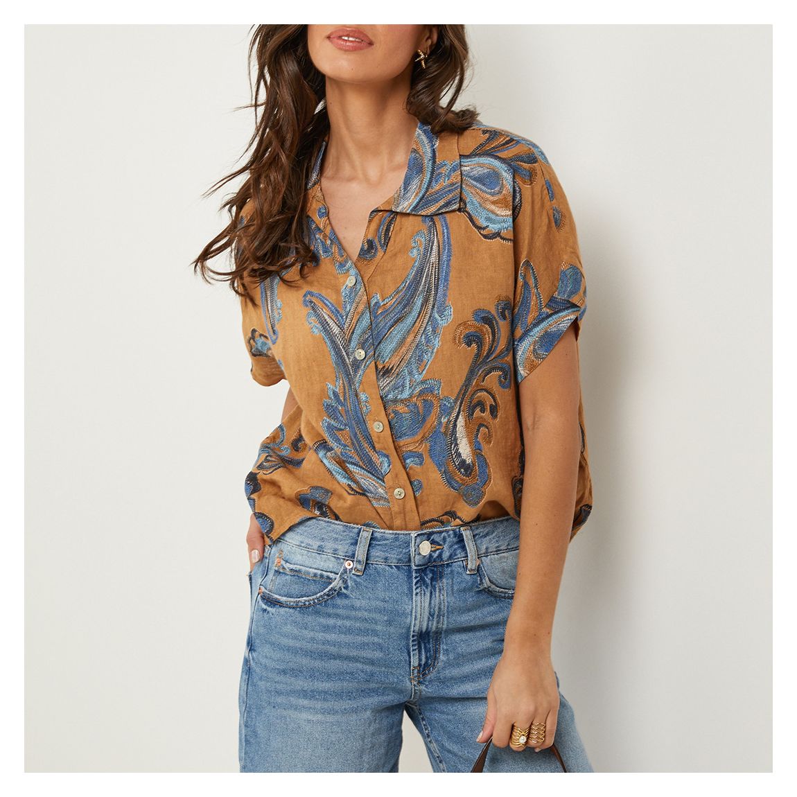 Camel Printed Linen Relaxed Shirt main product photo
