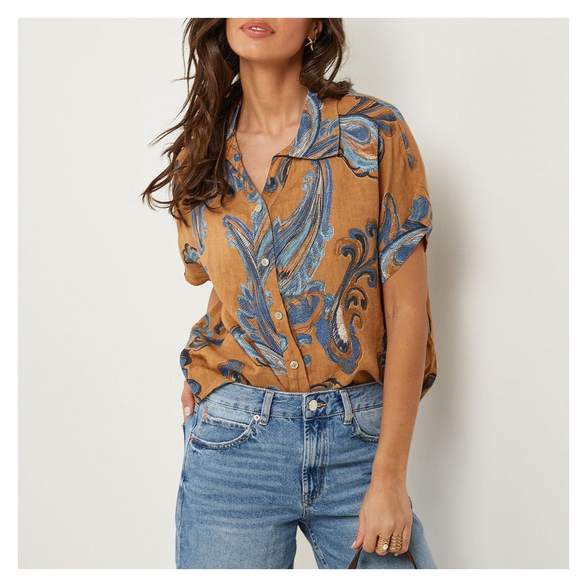 Camel Printed Linen Relaxed Shirt main product photo