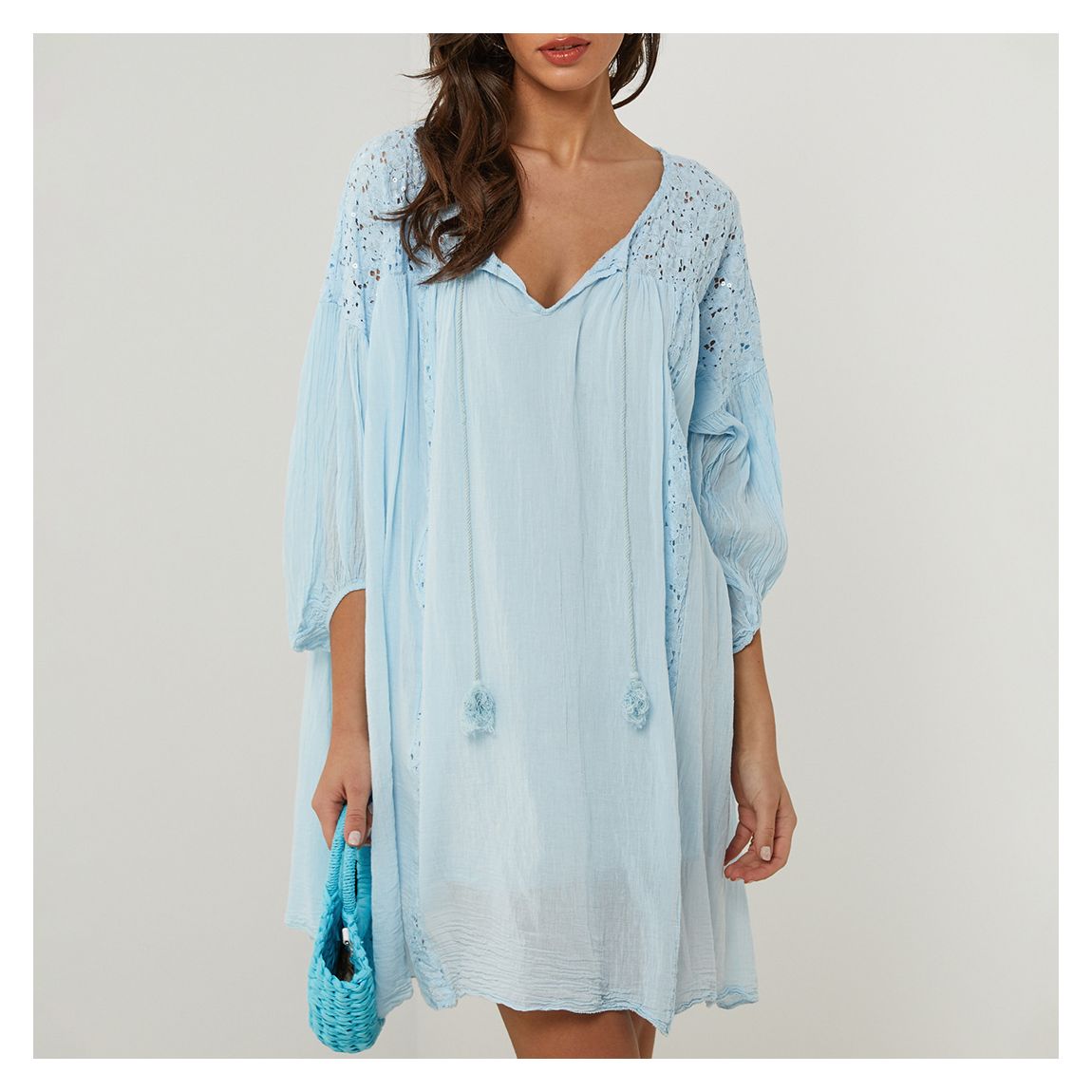 Powder Blue Open Weave Linen Swing Dress main product photo