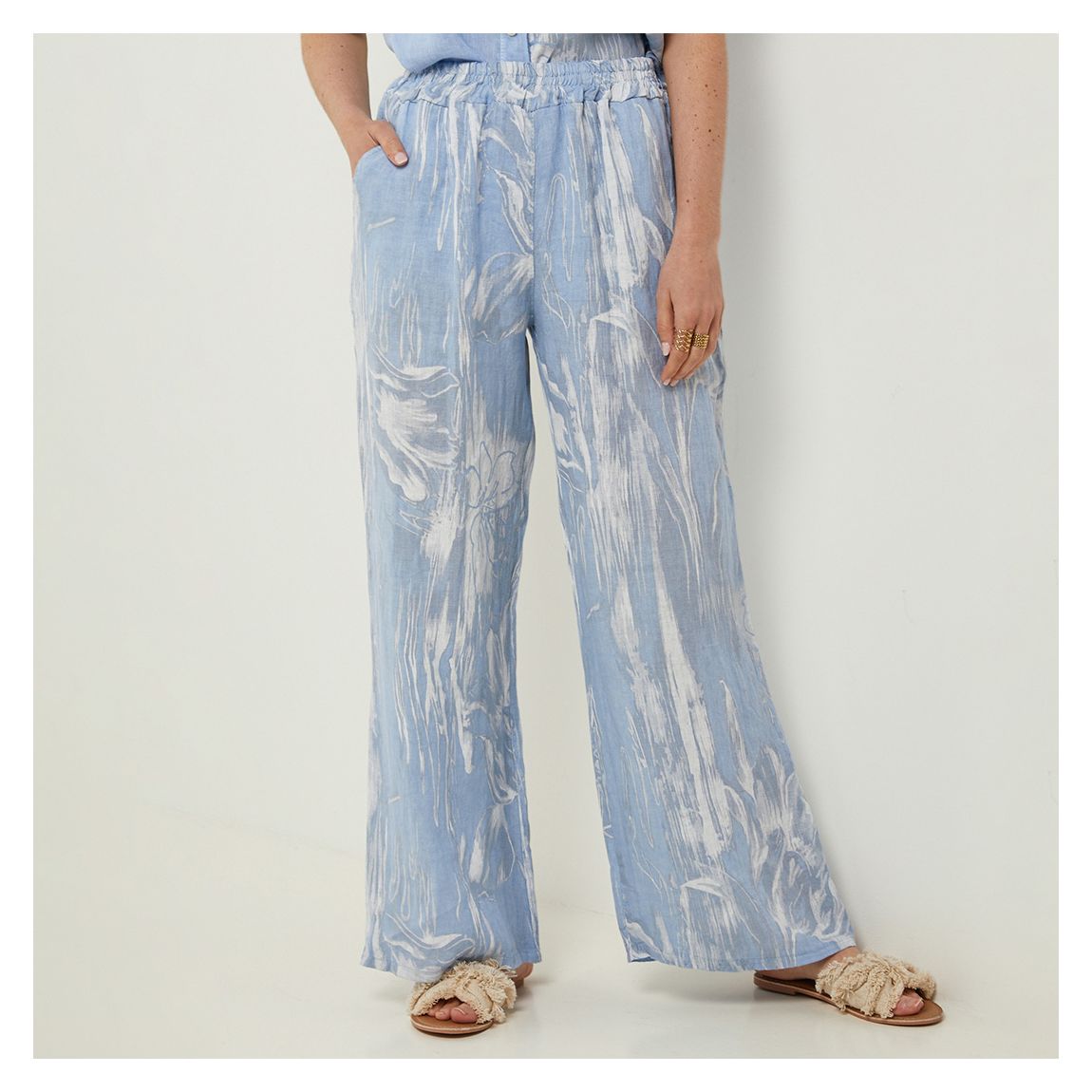 Cornflower Printed Relaxed Linen Trousers main product photo