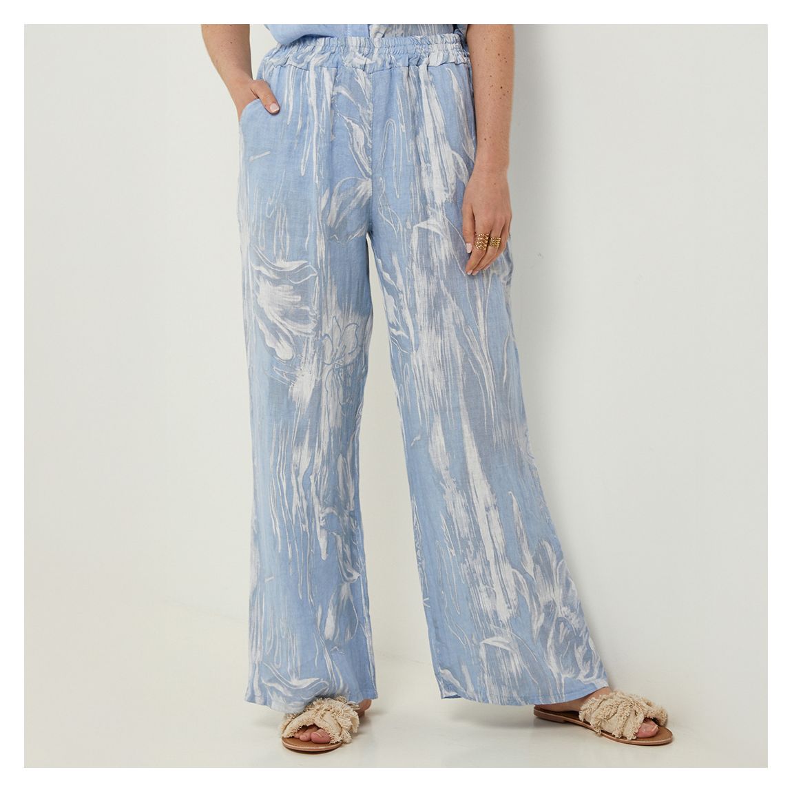 Cornflower Printed Relaxed Linen Trousers main product photo