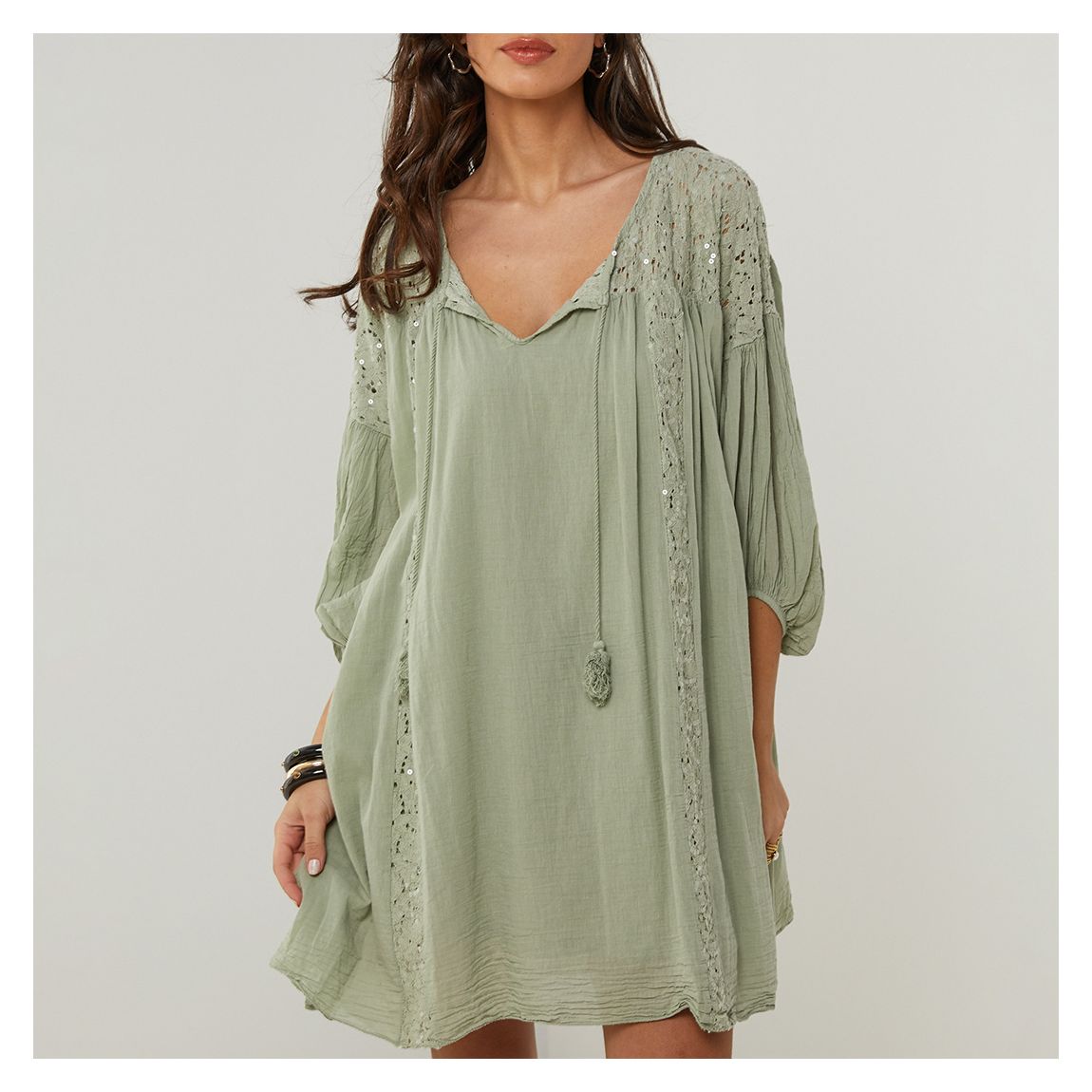 Khaki Open Weave Linen Swing Dress main product photo