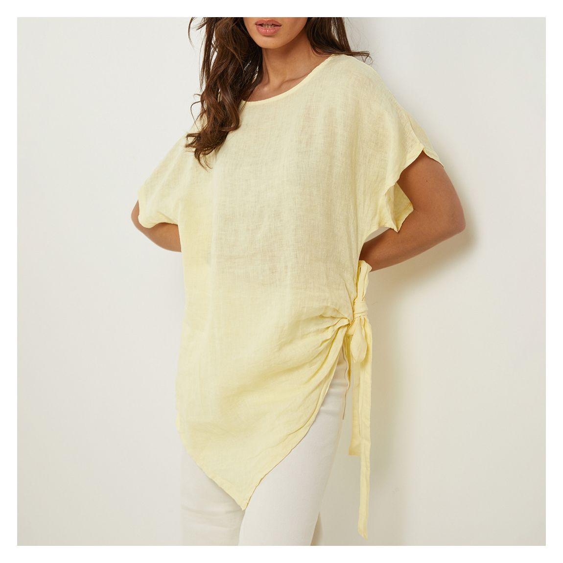 Butter Yellow Gathered Tie Linen Tunic main product photo