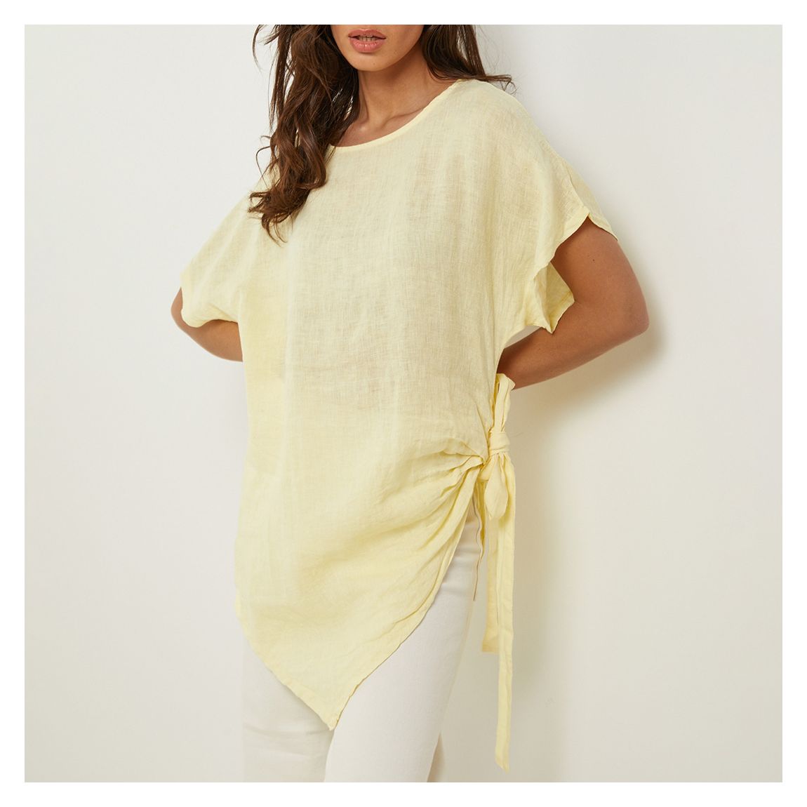 Butter Yellow Gathered Tie Linen Tunic main product photo