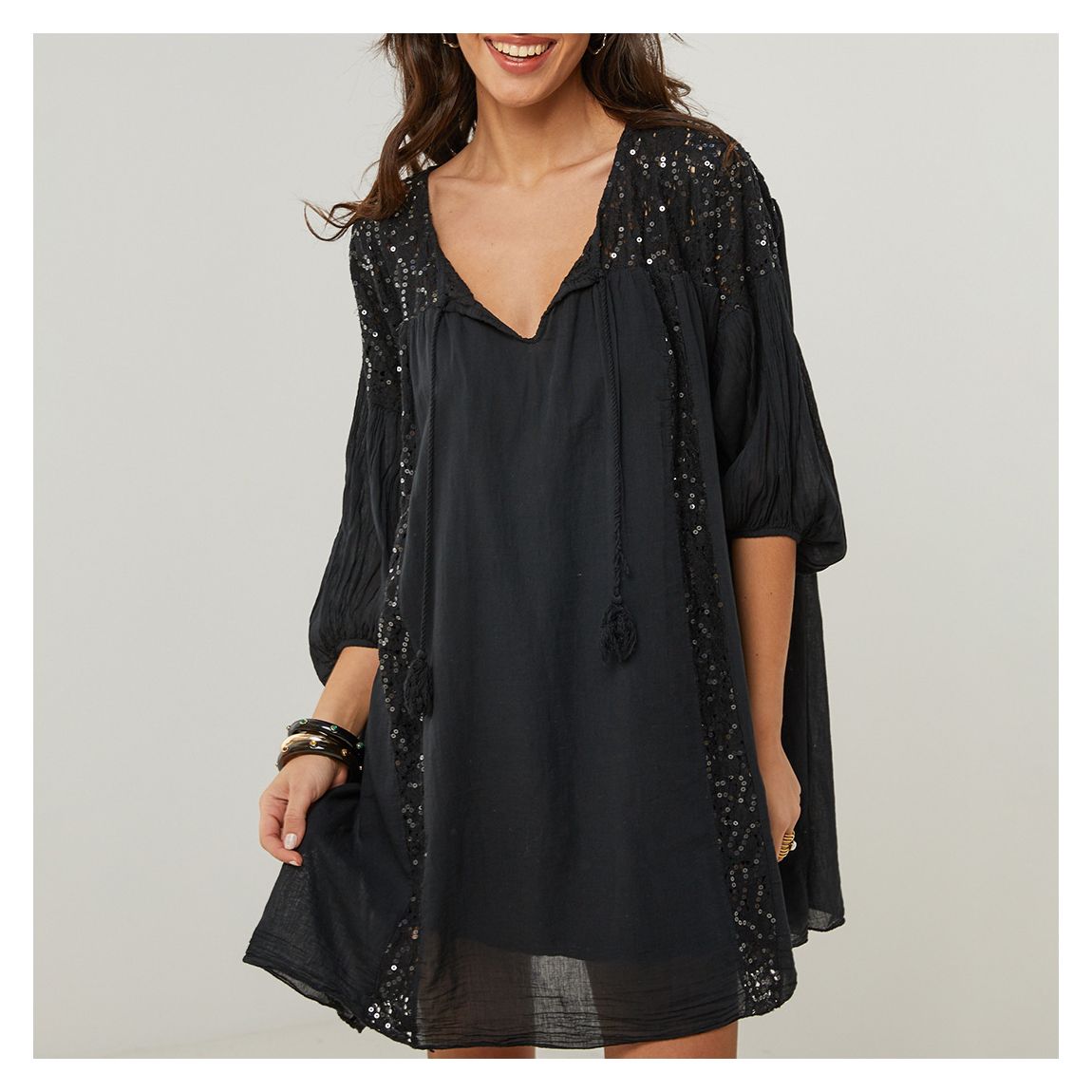 Black Open Weave Linen Swing Dress main product photo