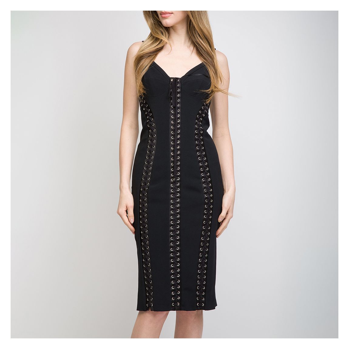 Black Lace Up Bodycon Midi Dress main product photo