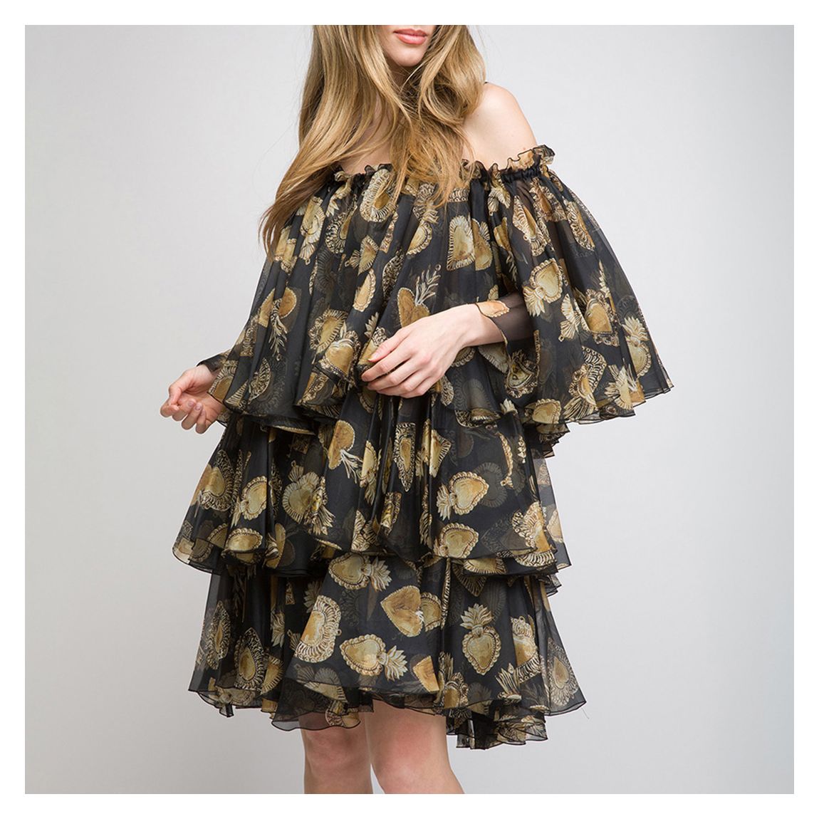 Black/Gold Tiered Print Mini Dress main product photo