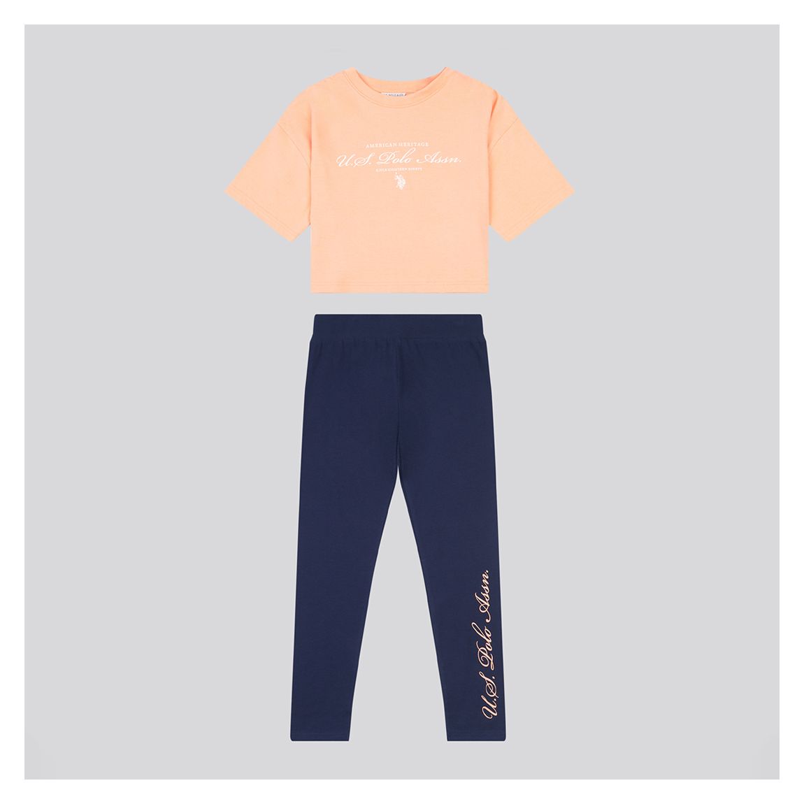 Girls Orange/ Navy Script Boxy Fit Cotton T-Shirt and Leggings Set main product photo