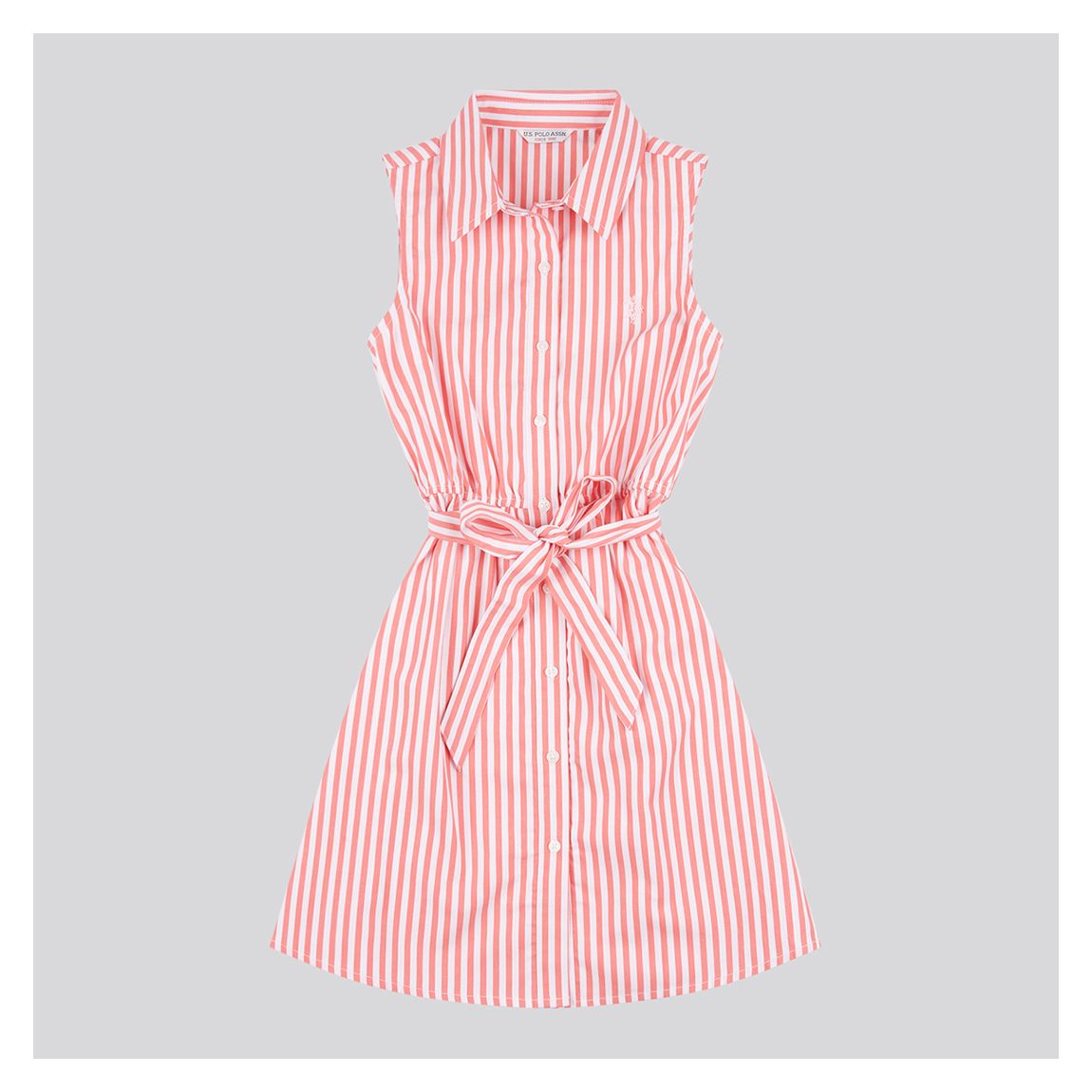 Girls Coral and White Stripe Belted Dress main product photo