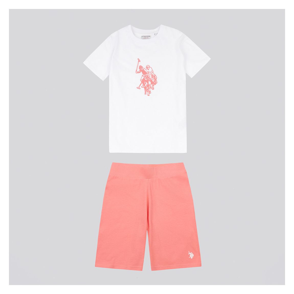 Girls White/ Coral Cotton T-Shirt and Jersey Cycling Short Set main product photo