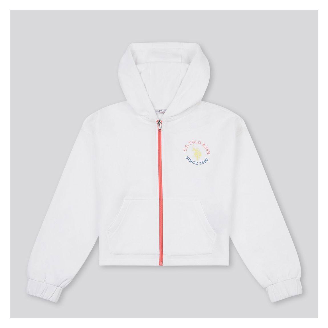 Girls White Graphic Cotton Blend Zip Hoodie main product photo