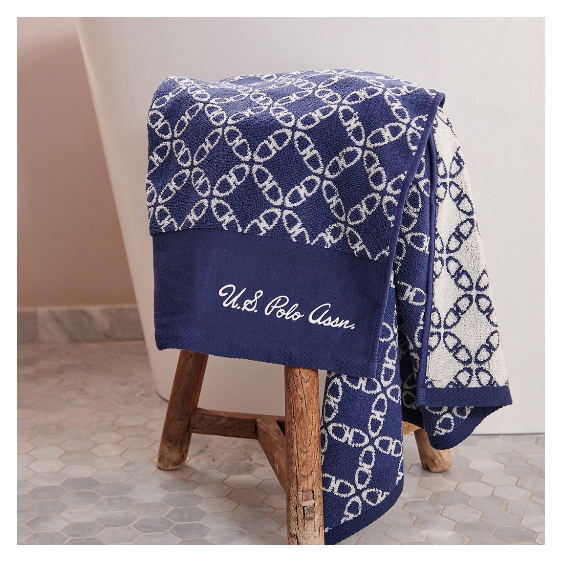 Pure Cotton Geo Bath Towel, Navy Iris main product photo
