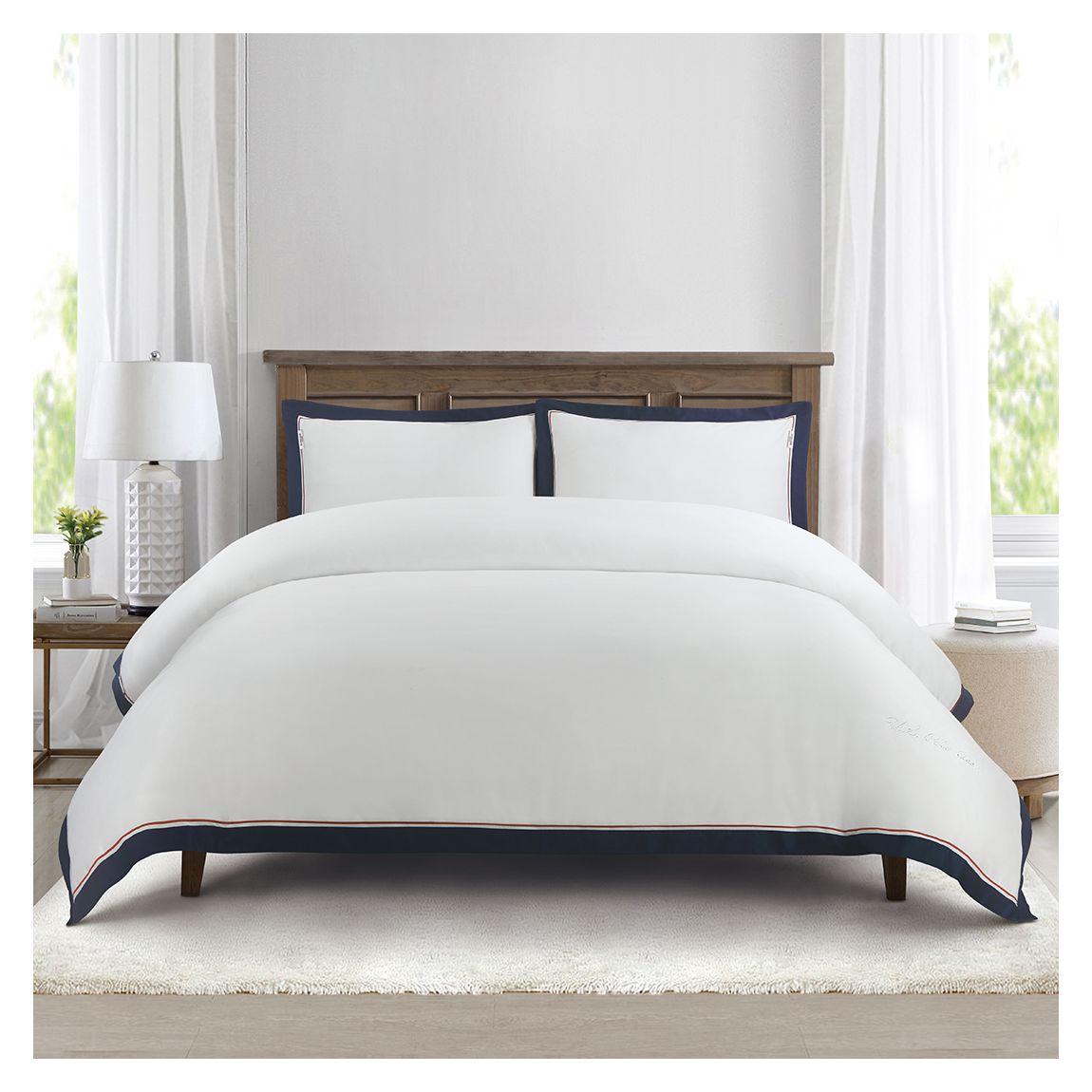 Luxury Cotton Border Duvet Set, King, Bright White main product photo